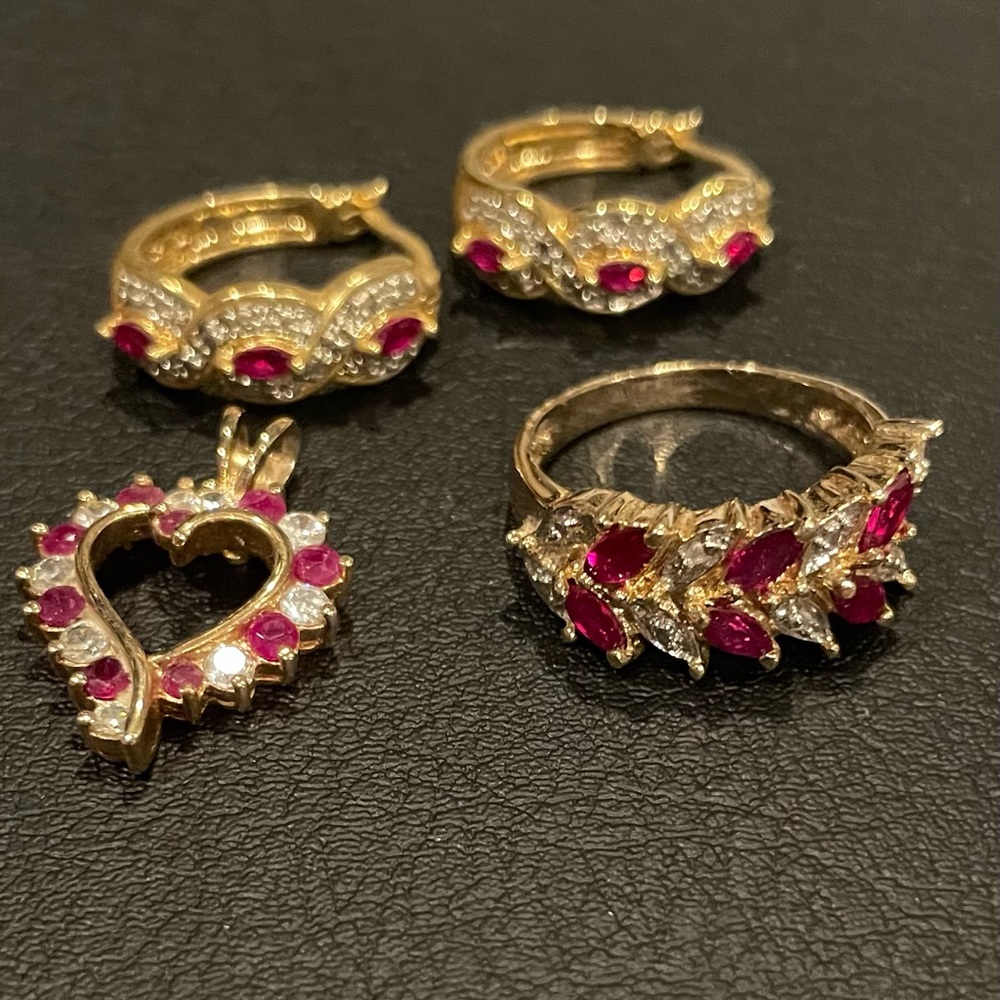 Avon vintage Gold Ring, earrings, pendant with ruby Red Accents